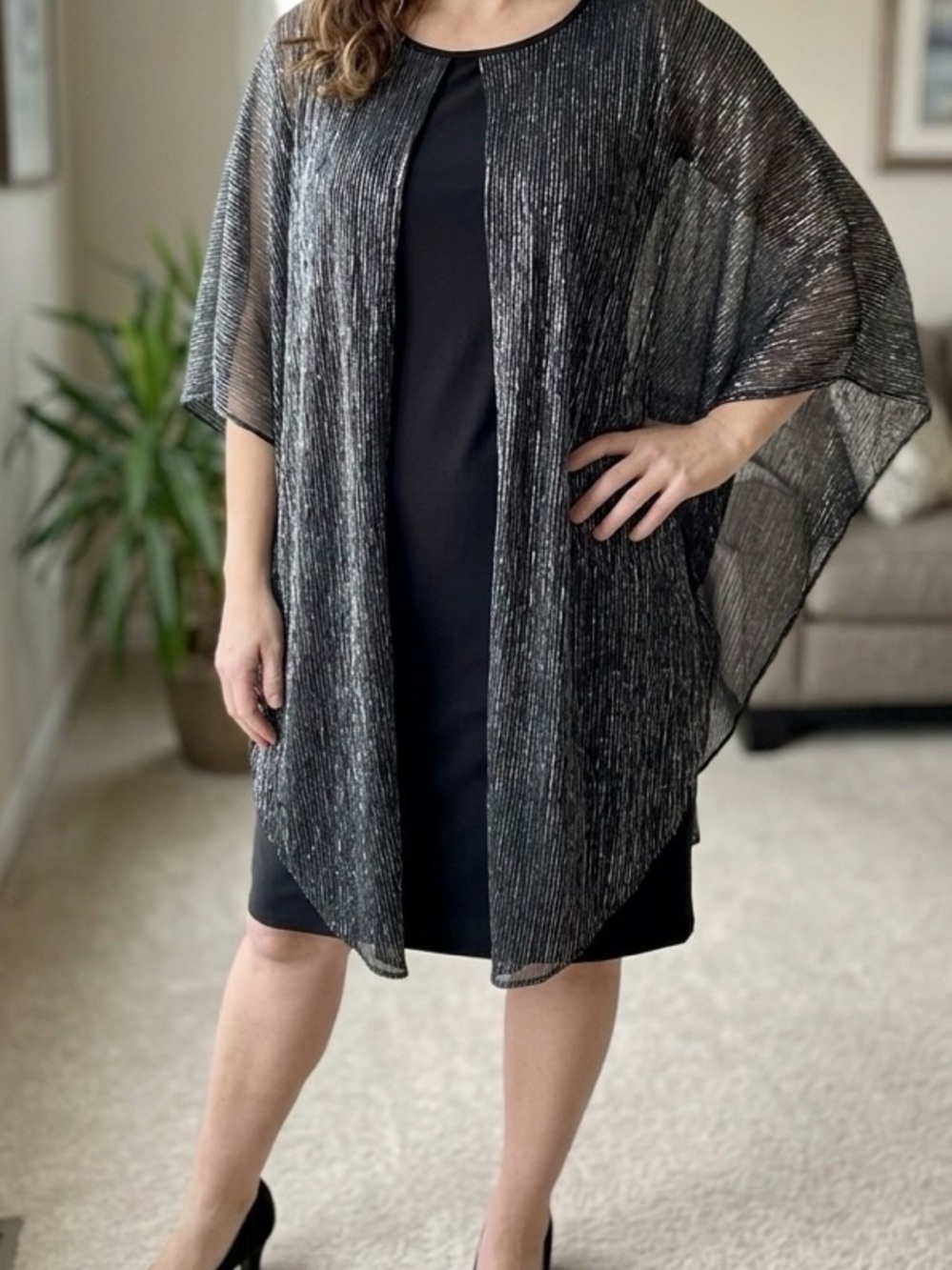 Glamour Silver-Threaded Black Open-Front Poncho Cardigan